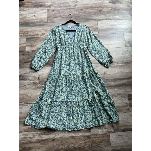 Gilli Dresses & Skirts - New Gilli Dress Blue Green Leaf-Print V-Neck Maxi Boho Dress Medium Rayon Lined